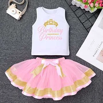 Toddler Kid Baby Girl 1/2/3/4/5/6 Year Old Birthday Party Dress Sleeveless Printed Vest Tops+Princess Tulle Tutu Skirt+Flower Crown Outfit Summer Clothes Cake Smash Photography Pink 2-3 Years