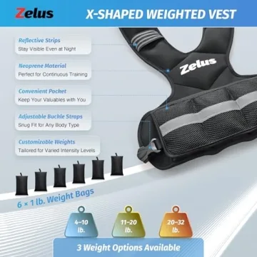 ZELUS Weighted Vest for Men and Women | 4-10lb/11-20lb/20-32lb Vest with 6 Ironsand Weights for Home Workouts | Adjustable Body Weight Vest Exercise Set for Cardio and Strength Training (4-10 lb.)
