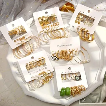 44 Pairs Stylish Gold Earrings Set for Women