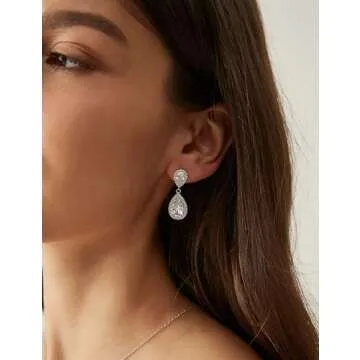 EAMTI Silver Dangle Earrings for Women Cubic Zirconia Teardrop 925 Sterling Silver Post Bridal Wedding Rhinestone Earring