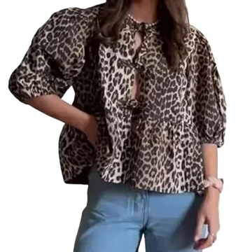 Tie Front Leopard Print Peplum Blouse for Women