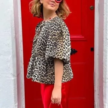 Tie Front Leopard Print Peplum Blouse for Women