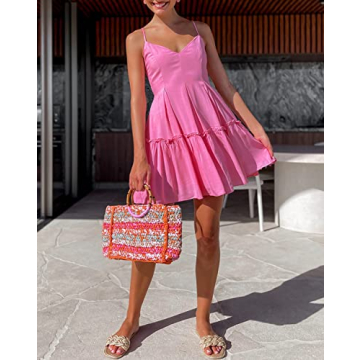 FANCYINN Women's Summer Casual V Neck Mini Dress Spaghetti Strap Tiered Ruffle Trim Backless Solid Color Sundress with Pockets Rose Red S