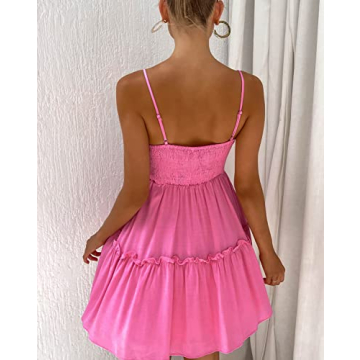 FANCYINN Women's Summer Casual V Neck Mini Dress Spaghetti Strap Tiered Ruffle Trim Backless Solid Color Sundress with Pockets Rose Red S