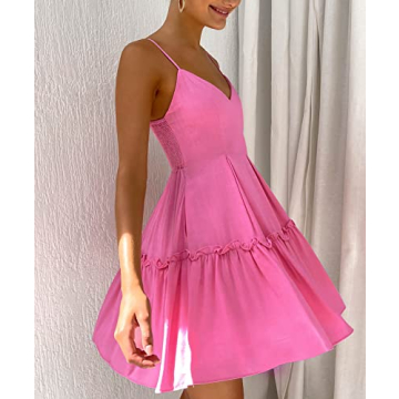 FANCYINN Women's Summer Casual V Neck Mini Dress Spaghetti Strap Tiered Ruffle Trim Backless Solid Color Sundress with Pockets Rose Red S