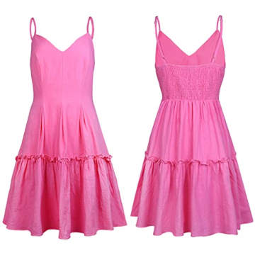 FANCYINN Women's Summer Casual V Neck Mini Dress Spaghetti Strap Tiered Ruffle Trim Backless Solid Color Sundress with Pockets Rose Red S