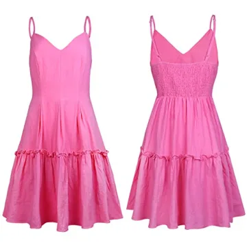 FANCYINN Women's Summer Casual V Neck Mini Dress Spaghetti Strap Tiered Ruffle Trim Backless Solid Color Sundress with Pockets Rose Red S
