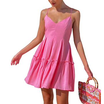 FANCYINN Women's Summer Casual V Neck Mini Dress Spaghetti Strap Tiered Ruffle Trim Backless Solid Color Sundress with Pockets Rose Red S