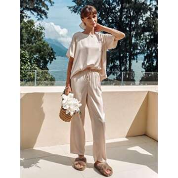 Ekouaer Womens Silk Satin Pajamas Set Short Sleeve Top Summer Soft Two Piece Pjs Silky Sleepwear Nig...