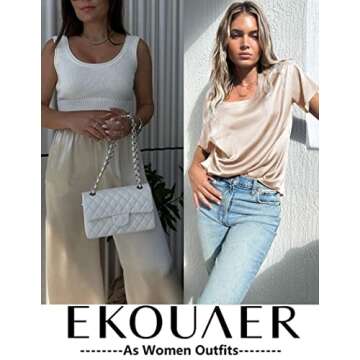 Ekouaer Womens Silk Satin Pajamas Set Short Sleeve Top Summer Soft Two Piece Pjs Silky Sleepwear Nightwear Silk Lounge Set Champagne S