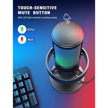 FIFINE Gaming Microphone, USB PC Mic for Streaming, Podcasts, Recording, Condenser Computer Desktop Mic on Mac, with RGB Control, Mute Touch, Headphone Jack, Pop Filter, Stand-AmpliGame A8
