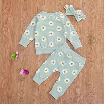 FYBITBO Infant Baby Girls Fall Winter Clothes Daisy Print Pullover Sweatshirt Tops Shirt+Pocket Pants Trousers 3Pcs Outfits (6-12 Months, Green)