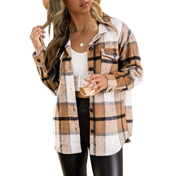 Trendy Queen Womens Flannel Shacket Casual Jacket Plaid Button Down Long Sleeve Shirt Fall Winter Ou...