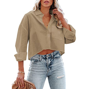 Tankaneo Womens Cropped Button Down Shirt Long Sleeve