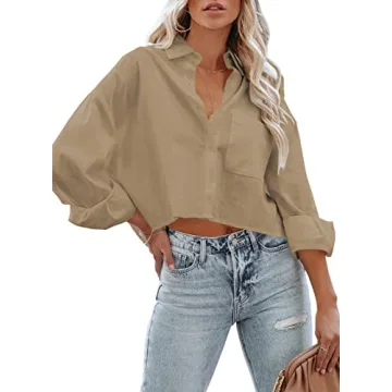 Tankaneo Womens Cropped Button Down Shirt Long Sleeve