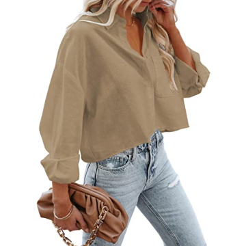 Tankaneo Womens Cropped Button Down Shirt Long Sleeve