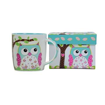 Whimsical Calico Owl Bone China Coffee Mug 14 Ounces with Decorative Gift Box