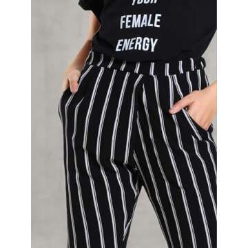 SweatyRocks Women's Striped Elastic High Waist Slim Fit Loose Casual Long Pants Black White S