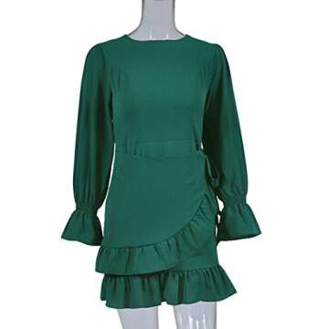WEEPINLEE Womens Long Sleeve Round Neck Ruffles Wrap Dresses Party Dress (Dark Green,XL)