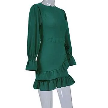WEEPINLEE Womens Long Sleeve Round Neck Ruffles Wrap Dresses Party Dress (Dark Green,XL)