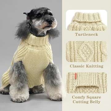 KYEESE Dog Sweaters for Medium Dogs Turtleneck Dog Cable Knit Puppy Sweater with Golden Thread for Cold Weather, Beige, Large