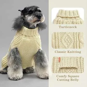 KYEESE Dog Sweaters for Medium Dogs Turtleneck Dog Cable Knit Puppy Sweater with Golden Thread for Cold Weather, Beige, Large