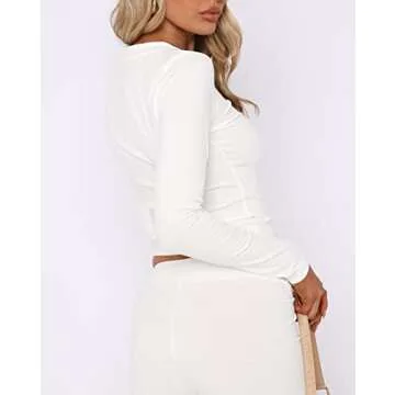 KMBANGI Women Crewneck Skinny Shirt Long Sleeve Basic Slim Crop T Shirts Knit Ribbed Layer Tee Tops Fashion Streetwear