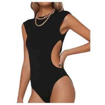 Milumia Women Sleeveless Cut Out Crew Bodysuit Neck Unitard Romper Jumpsuit Black Large