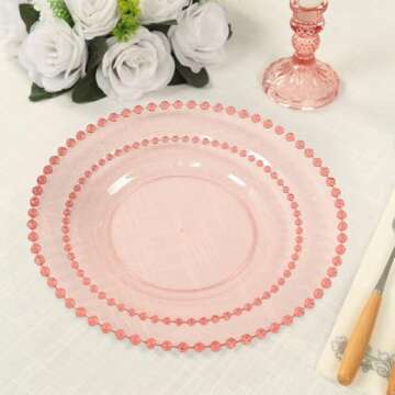 TCF Linen 10" Dinner Plates - Set of 10 - Plastic Transparent Blush Round Disposable Plate Beaded Ri...