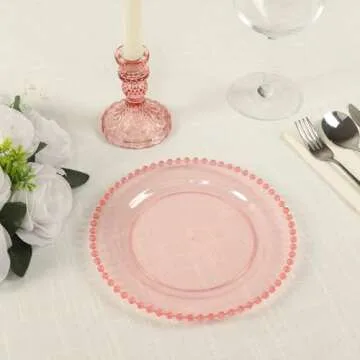 TCF Linen 10" Dinner Plates - Set of 10 - Plastic Transparent Blush Round Disposable Plate Beaded Rim, Ideal for Decoration Party Wedding Bulk Events