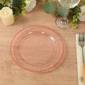 TCF Linen 10" Dinner Plates - Set of 10 - Plastic Transparent Blush Round Disposable Plate Beaded Rim, Ideal for Decoration Party Wedding Bulk Events