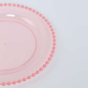 TCF Linen 10" Dinner Plates - Set of 10 - Plastic Transparent Blush Round Disposable Plate Beaded Rim, Ideal for Decoration Party Wedding Bulk Events