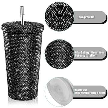 Mimorou Studded Bling Diamond Tumbler Glitter Water Bottle with Lid Stainless Steel Vacuum Thermal Straw Tumbler Rhinestone Tumbler with 1 Pcs Cup Brush 6 Pcs Straw Brushes for Women (16.9 oz, Black)