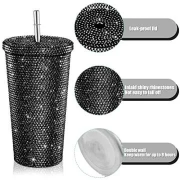 Mimorou Studded Bling Diamond Tumbler Glitter Water Bottle with Lid Stainless Steel Vacuum Thermal Straw Tumbler Rhinestone Tumbler with 1 Pcs Cup Brush 6 Pcs Straw Brushes for Women (16.9 oz, Black)
