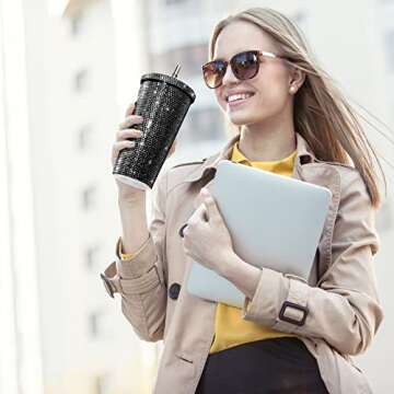 Mimorou Studded Bling Diamond Tumbler Glitter Water Bottle with Lid Stainless Steel Vacuum Thermal Straw Tumbler Rhinestone Tumbler with 1 Pcs Cup Brush 6 Pcs Straw Brushes for Women (16.9 oz, Black)