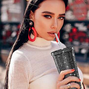 Mimorou Studded Bling Diamond Tumbler Glitter Water Bottle with Lid Stainless Steel Vacuum Thermal Straw Tumbler Rhinestone Tumbler with 1 Pcs Cup Brush 6 Pcs Straw Brushes for Women (16.9 oz, Black)