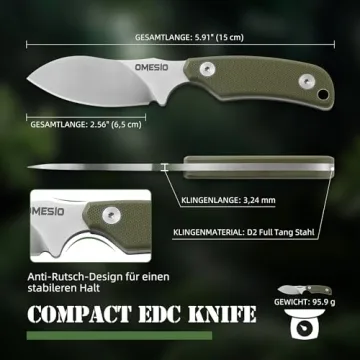Omesio Neck Knife, Full Tang EDC Knife Necklace for Men, 5.82" Fixed Blade Knife with Kydex SHeath and Clip, Nessmuk Blade Small Knife D2 Steel G10 Handle for Outdoor, Survival, Camping