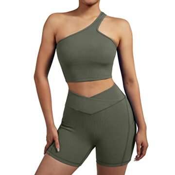 OMKAGI Women One Shoulder Tops Ribbed Seamless Sleeveless Workout Crop Tank Tops(M,YD14-Green)
