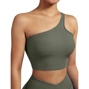 OMKAGI Women One Shoulder Tops Ribbed Seamless Sleeveless Workout Crop Tank Tops(M,YD14-Green)