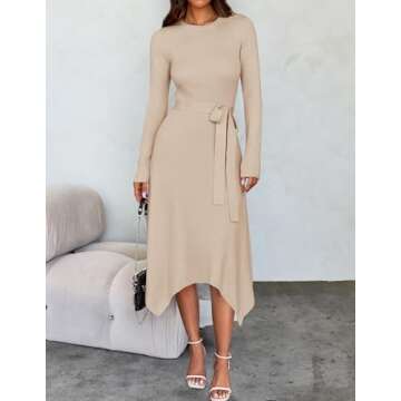 ZESICA Women's 2025 Spring Long Sleeve Crewneck Ribbed Knit High Waist Midi Sweater Dresses with Belt Apricot S