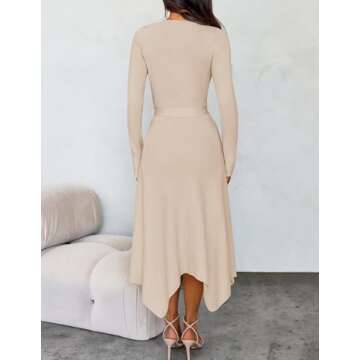 ZESICA Women's 2025 Spring Long Sleeve Crewneck Ribbed Knit High Waist Midi Sweater Dresses with Belt Apricot S