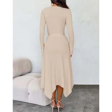 ZESICA Women's 2025 Spring Long Sleeve Crewneck Ribbed Knit High Waist Midi Sweater Dresses with Belt Apricot S