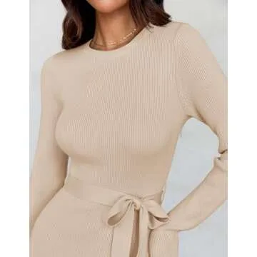 ZESICA Women's 2025 Spring Long Sleeve Crewneck Ribbed Knit High Waist Midi Sweater Dresses with Belt Apricot S