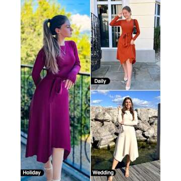 ZESICA Women's 2025 Spring Long Sleeve Crewneck Ribbed Knit High Waist Midi Sweater Dresses with Belt Apricot S