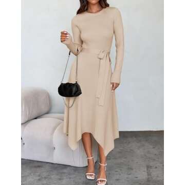 ZESICA Women's 2025 Spring Long Sleeve Crewneck Ribbed Knit High Waist Midi Sweater Dresses with Belt Apricot S
