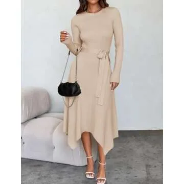 ZESICA Women's 2025 Spring Long Sleeve Crewneck Ribbed Knit High Waist Midi Sweater Dresses with Belt Apricot S