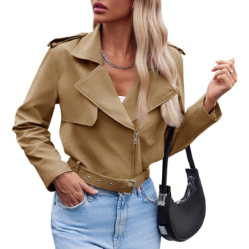 Cicy Bell Womens Cropped Trench Coat Zip Up Lapel Long Sleeve Casual Work Short Jacket Outerwear