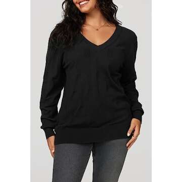 Arach&Cloz Women's Spring Tops 2025 Fashion Trendy V Neck Long Sleeve Shirt Knit Casual Pullover Sweater Blouse Clothes Black