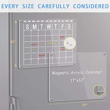 HOMiDEK Acrylic Magnetic Calendar for Fridge, Reusable Clear Refrigerator Dry Erase Board, 2 Set 17"x12" Acrylic Whiteboard with 5 Colors Markers & Rag