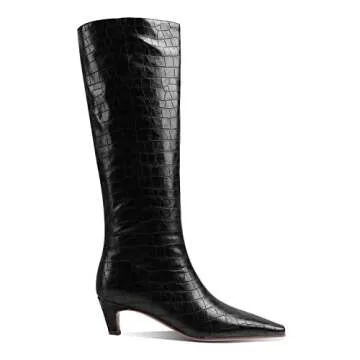 MOOMMO Women Low Kitten Heel Knee High Boots Pointy Square Toe Slouch Long Boots Pull On Wide Calf C...